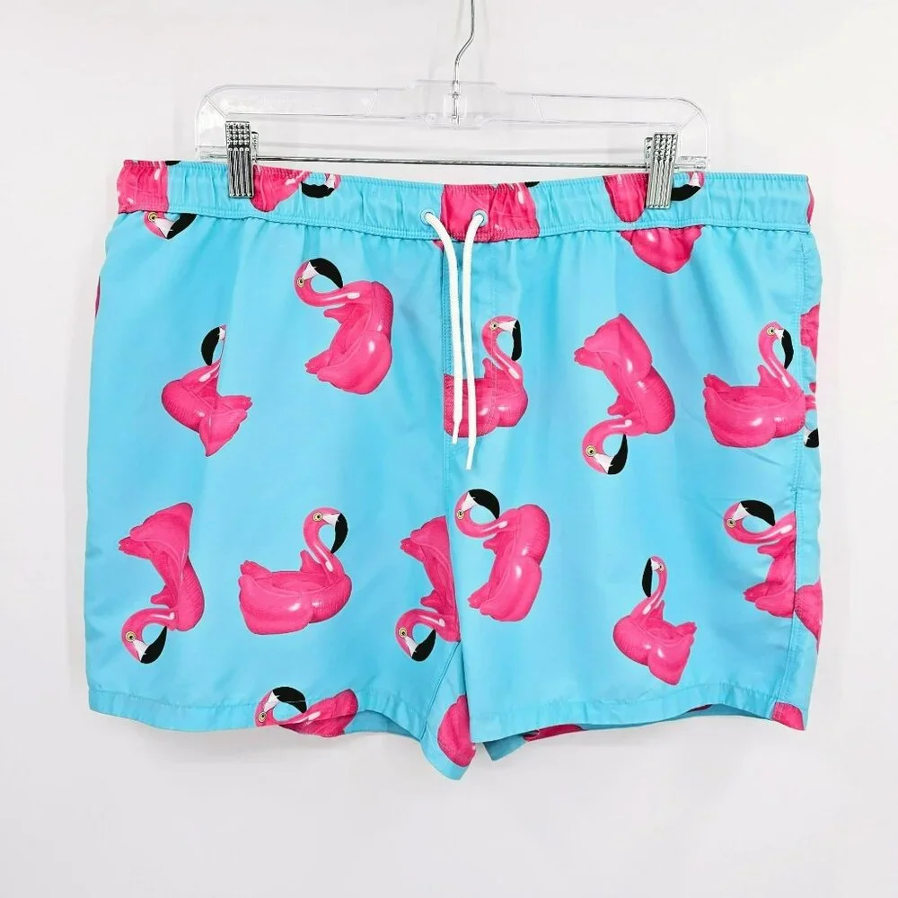 Asos Swim Shorts 2XL Blue Pink Flamingo Print Unlined Pockets Elastic Waist Tie